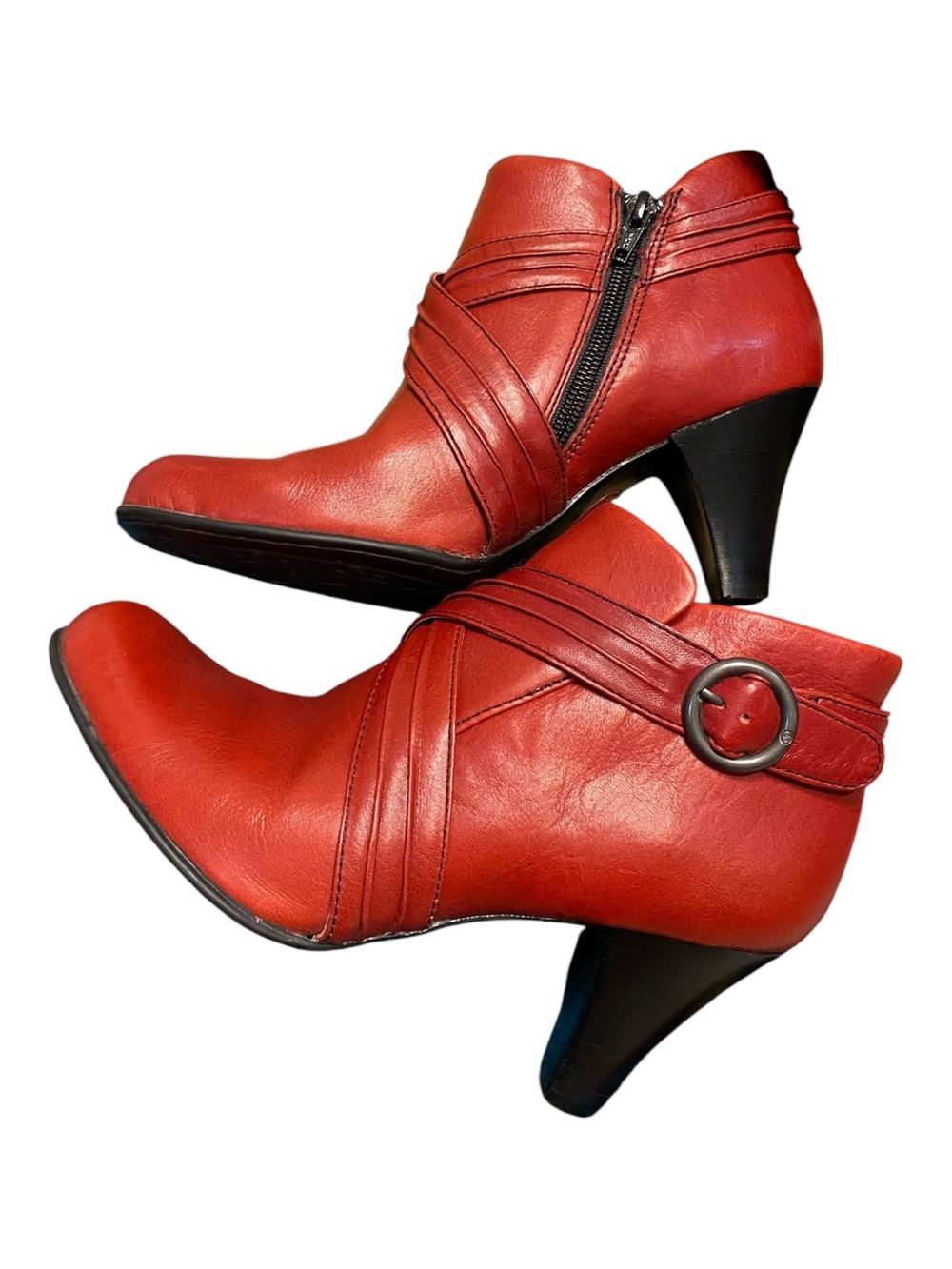 Born Red Leather Ankle Booties with Decorative Buckle Side Zip with Dust Bags - Picture 1 of 9